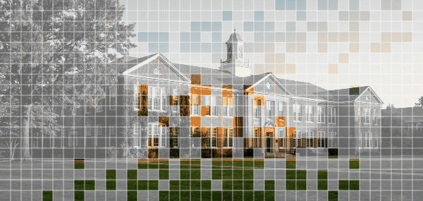 A fundraising wall part-way through a campaign: claimed blocks show the photograph in color, unclaimed blocks are still grey.