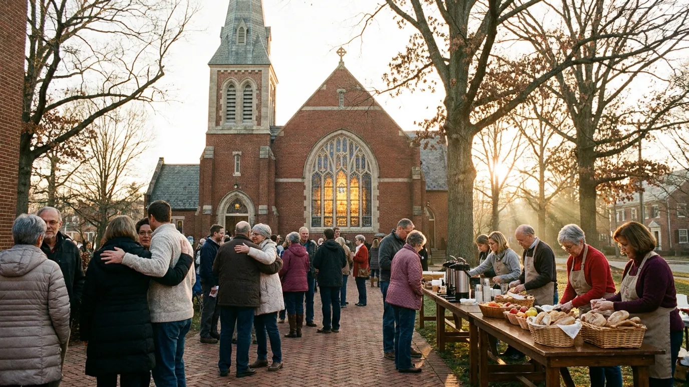 Church renovation example — congregation outside a brick church at sunrise