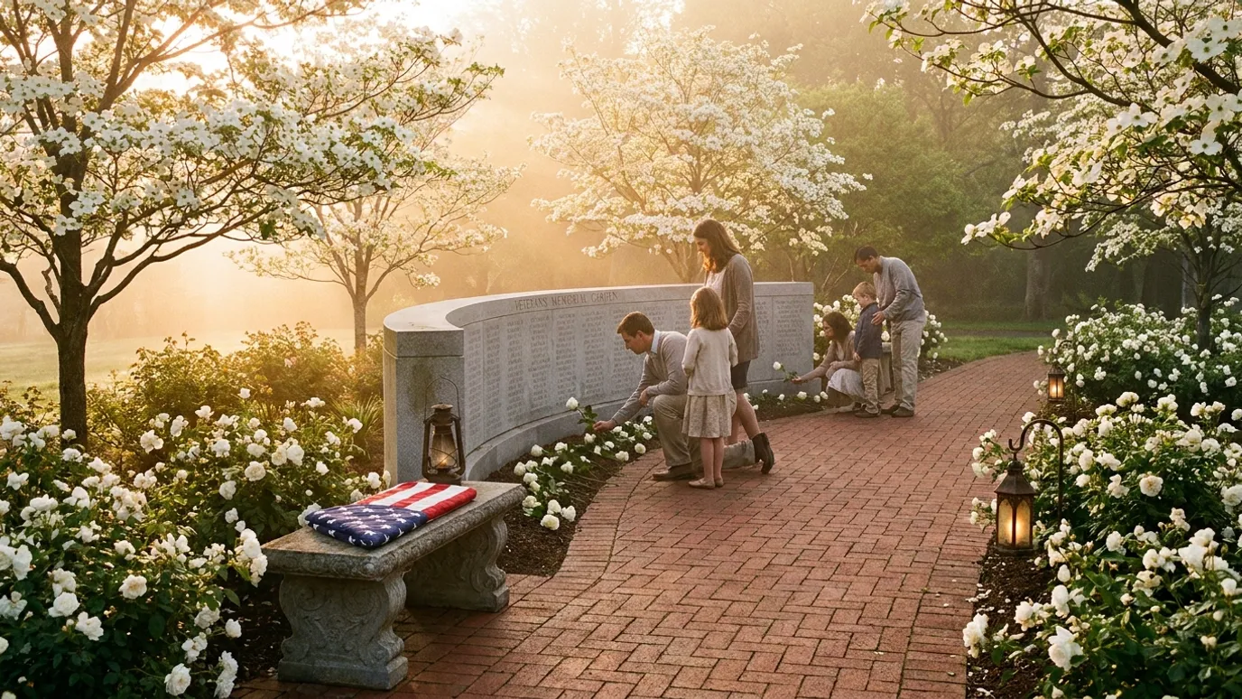 Memorial garden example — families laying roses at a memorial wall at dawn