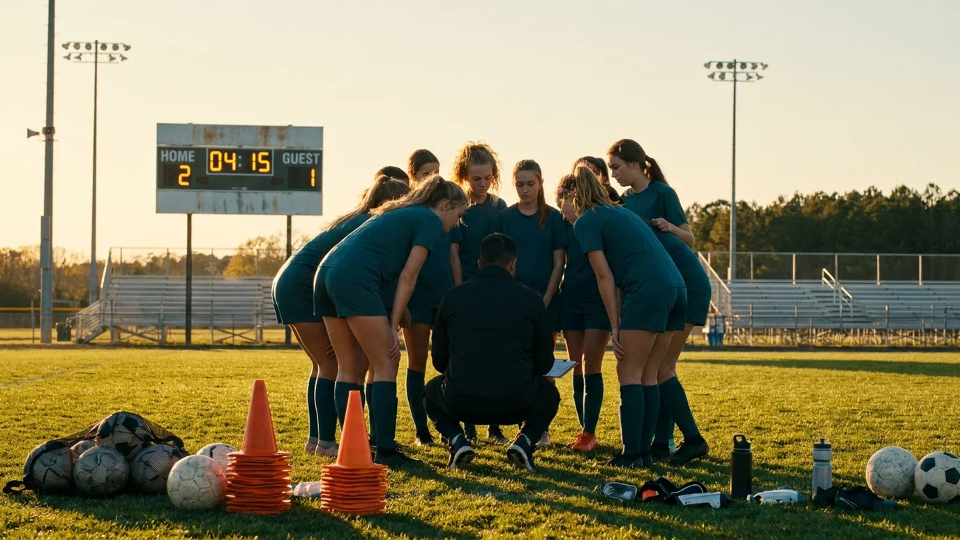 Stadium fundraiser example — high school soccer team huddle with the stadium scoreboard at sunset